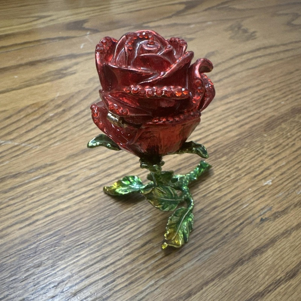 Trinket Holder‎ Red Rose Rhinestone Crystal Adorned Jewelry Holder